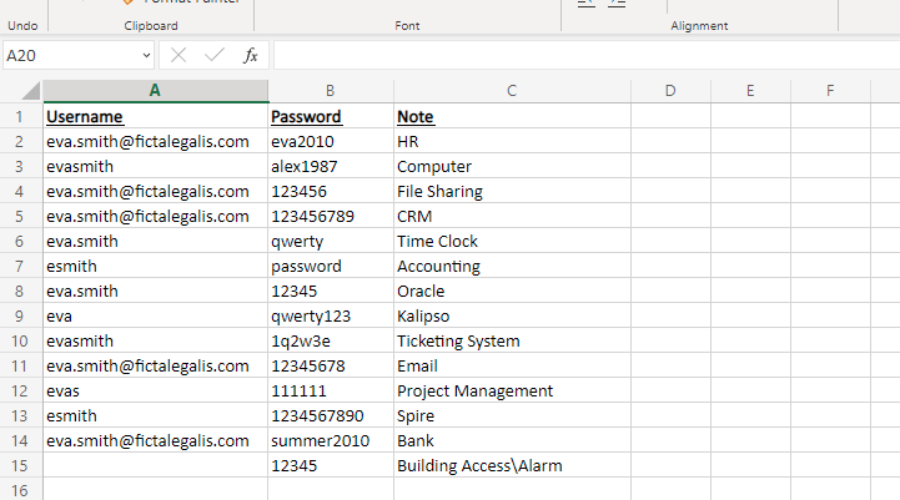 commonly used passwords stored in an excel spreadsheet