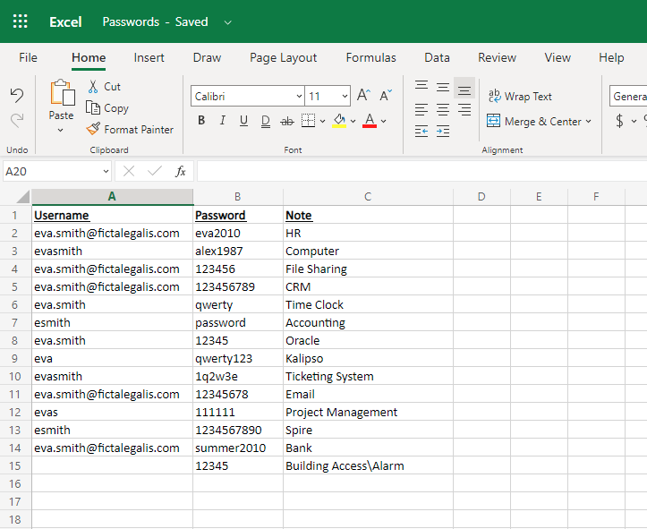 commonly used passwords stored in an excel spreadsheet